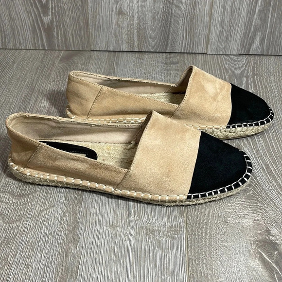 Zara Basic Faux Suede Espadrilles Slip On Flats Black Tan 8.5 (39) - Picture 1 of 13